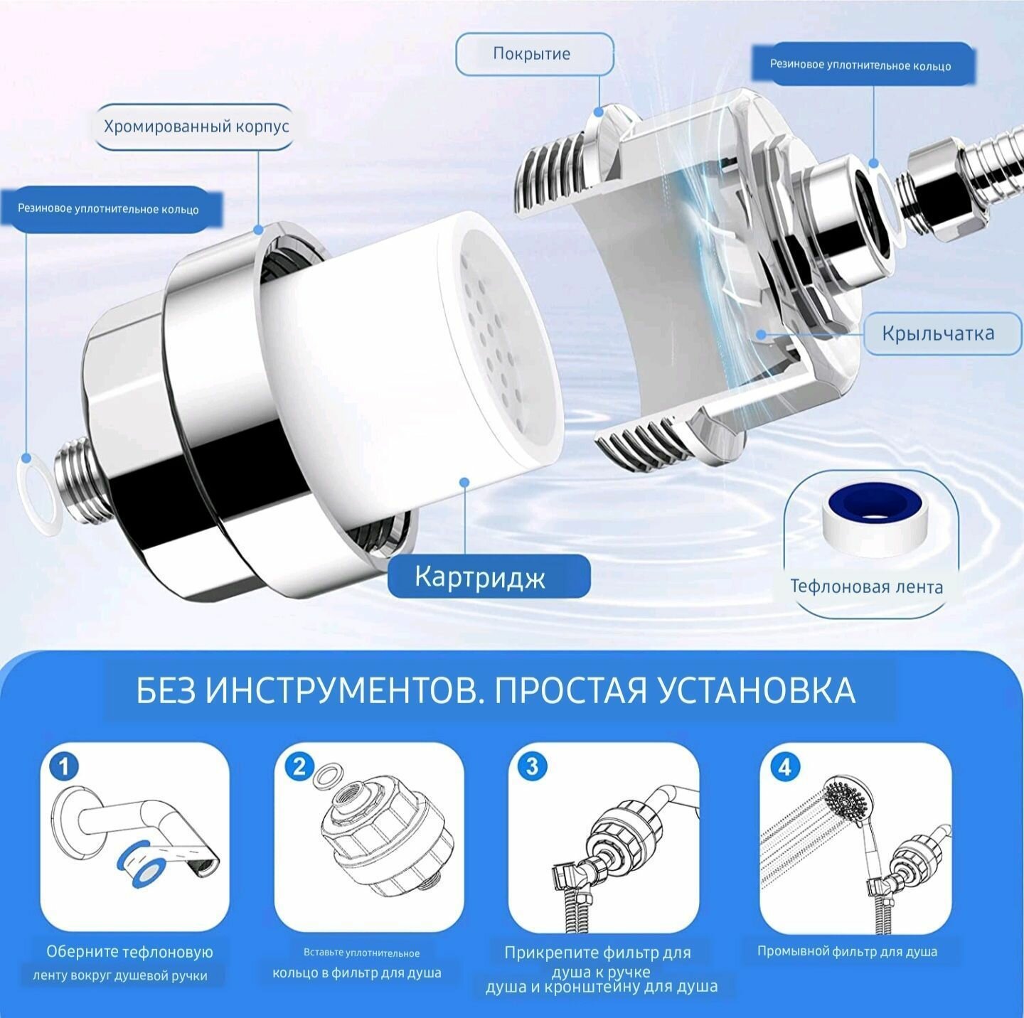 Лейка для душа микроскопические точки круглая форма и фильтр ресурс 100 000 литров - фотография № 9