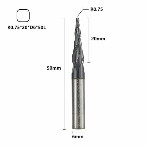 Фреза спиральная двухзаходная конусная сферическая XCAN 0,75х20х6х50 мм, покрытие TiALN фреза спиральная двухзаходная сферическая xcan 6хr1 0х20х50 мм покрытие ticn