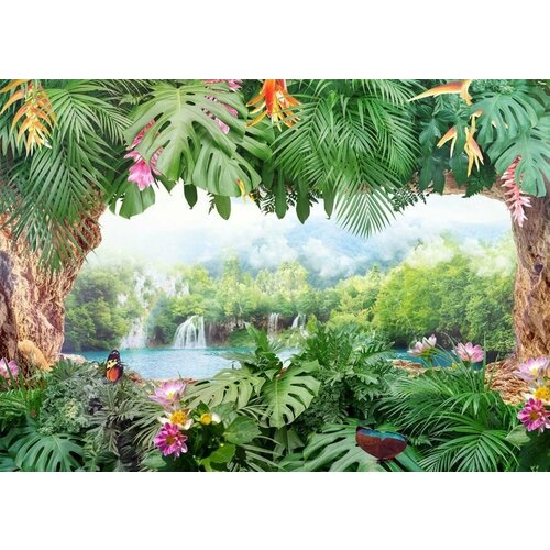 Моющиеся виниловые фотообои Тропики и водопад, 350х250 см