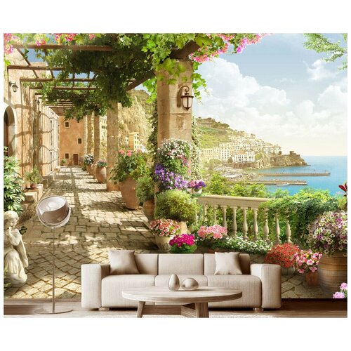 Фотообои на стену флизелиновые Модный Дом Терраса в Неаполе у моря 350x270 см (ШxВ), в спальню, гостиную