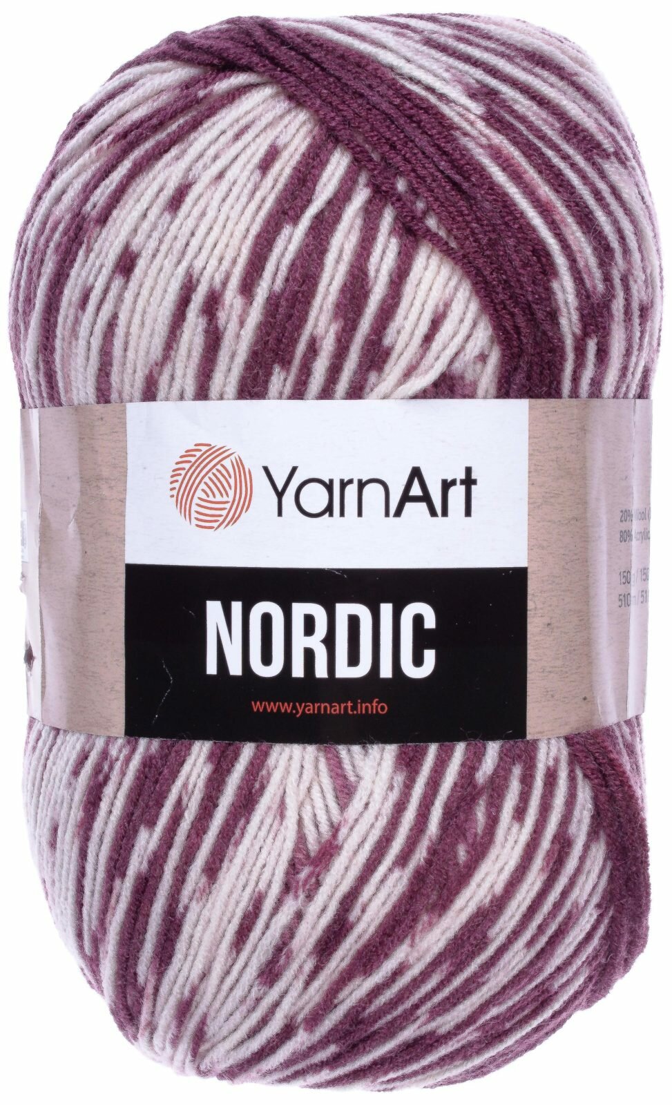 Пряжа Yarnart Nordic белый-сухая роза (665), 20%шерсть/80%акрил, 510м, 150г, 1шт