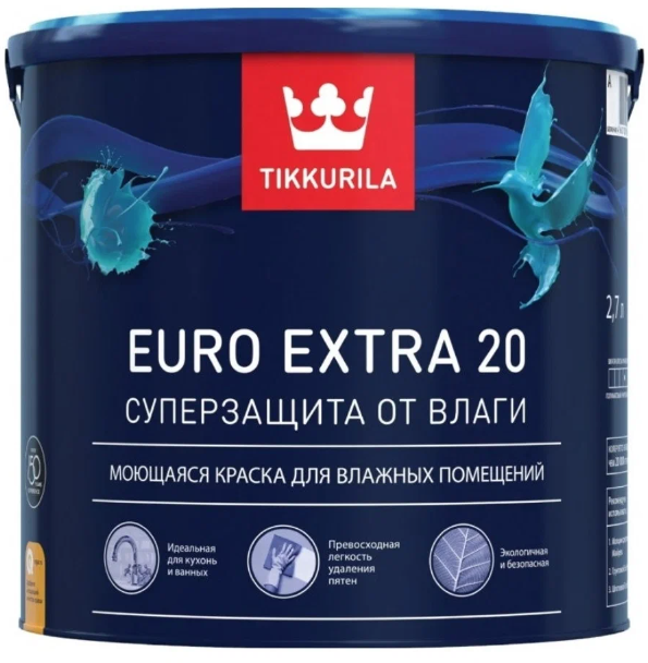 Tikkurila ВД краска интерьерная для влажных помещений EURO EXTRA 20 A полуматовая 2,7л