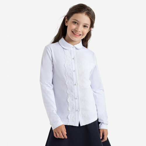 фото Школьная блуза kapika, на пуговицах, стрейч, трикотажная, размер 140, белый