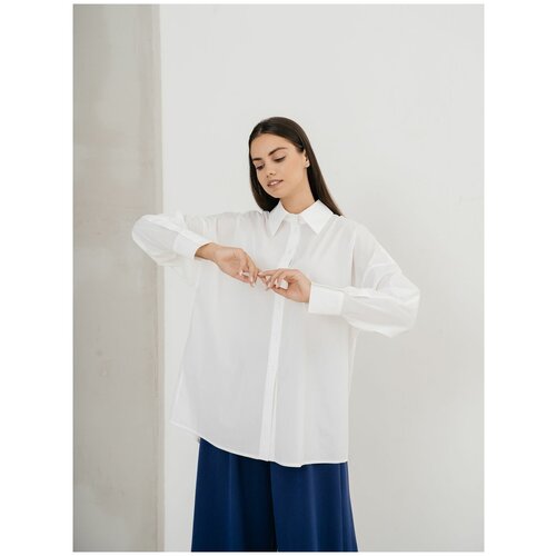 Блуза  Модный Дом Виктории Тишиной, классический стиль, свободный силуэт, длинный рукав, манжеты, однотонная, размер M (46-48), белый