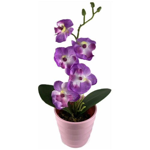 Искусственные цветы, декоративный букет Орхидея с натуральным наполнителем, фиолетовая в розовом кашпо, пластик, 35 см