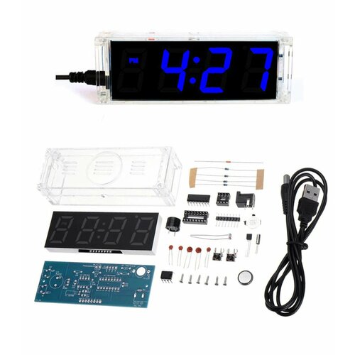 Набор для самостоятельной пайки и сборки (конструктор) Цифровые светодиодные часы - термометр / будильник синие с корпусом питание 5В (У)