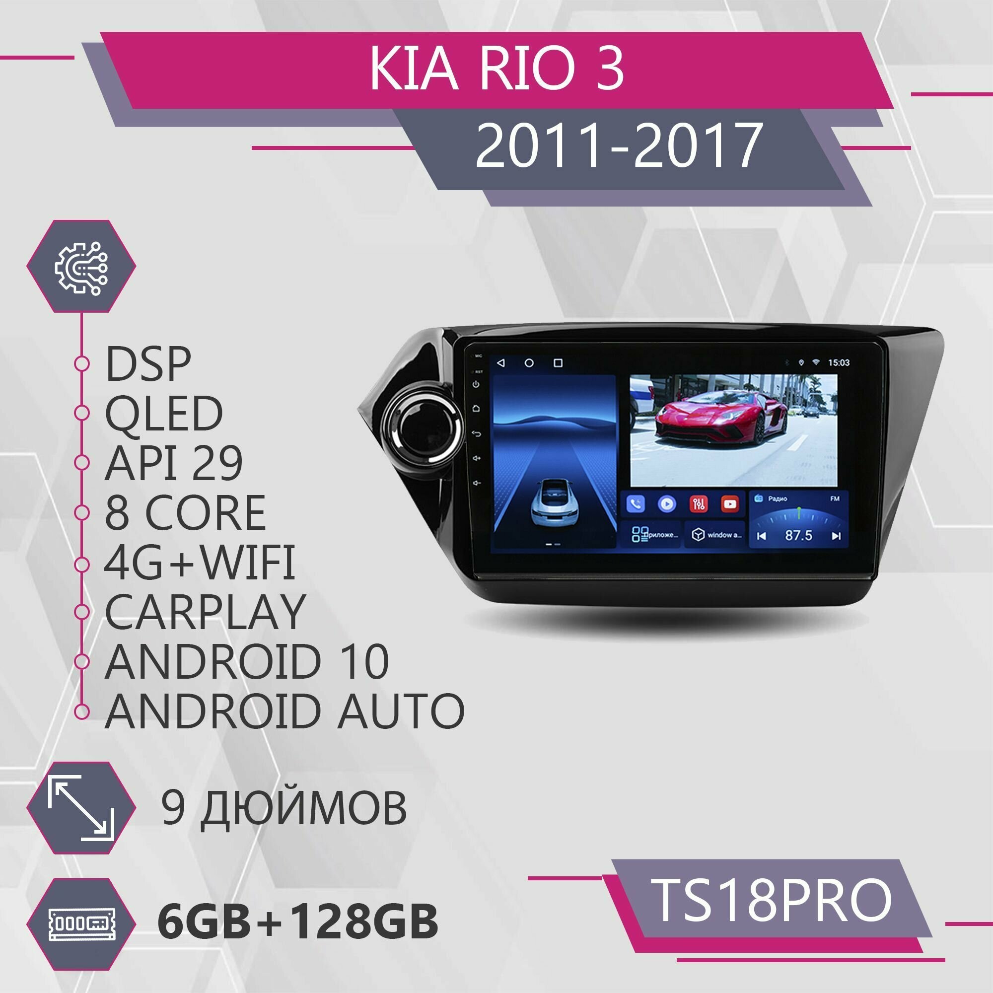 Штатная магнитола TS18Pro/6+128GB/Kia Rio 3/ Киа Рио/ магнитола Android 10/2din/ головное устройство/ мультимедиа/