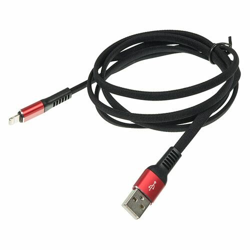 Кабель Digma Lightning (m) - USB (m), 1.2м, плоский, в оплетке, 2A, черный / красный [light-1.2m-flat-blk]