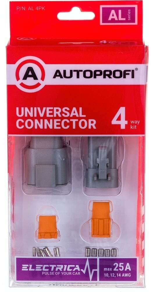 Коннектор универсальный AUTOPROFI ELECTRICA AL 4PK Количество контактов: 4 Степень защиты: IP67 Комплект в сборе Для соединения низковольтных цепей до 25А Упаковка: ПВХ блистер