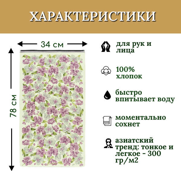 Полотенце для рук и лица 1 шт, полотенце для ванной махровое, велюровое BOLANGDE, 100% хлопок, рисунок цветы, Япония Узор 34х78, зелёный