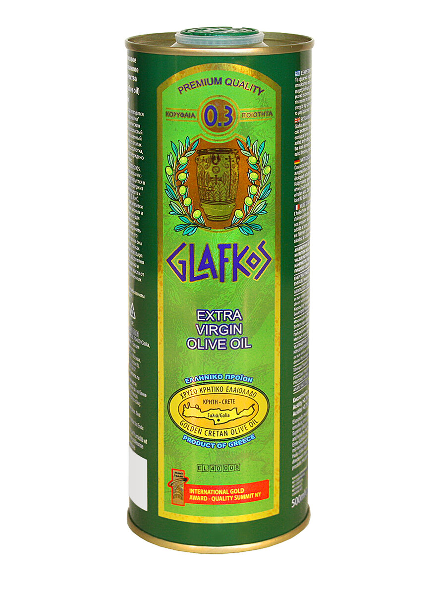 Оливковое масло первого холодного отжима высшего качества Glafkos Extra Virgin кислотность 0,3 %. ж/б, 500 мл, Греция