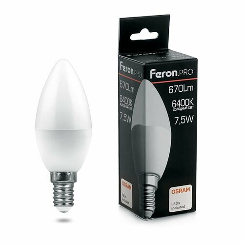 фото Лампа светодиодная feron.pro lb-1307 свеча e14 7.5w 6400k 38055