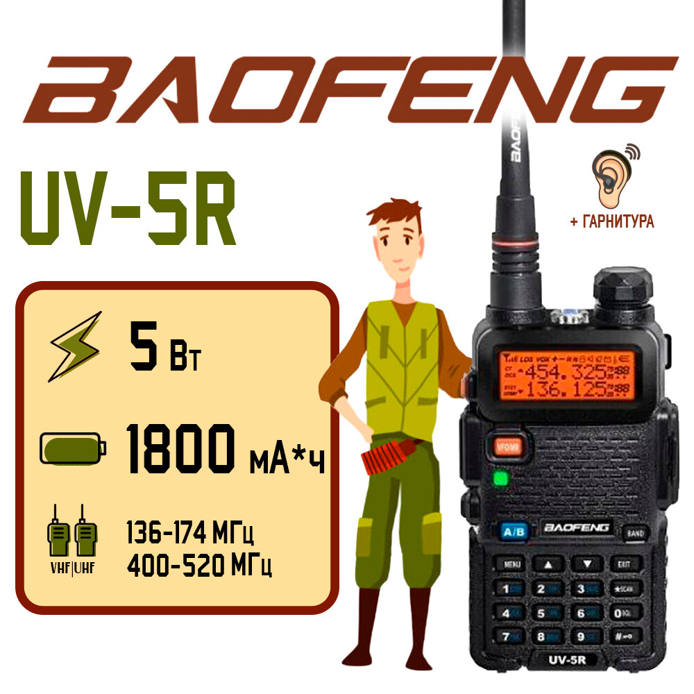 Рация Baofeng UV-5R Черная / Портативная радиостанция Баофенг для охоты и рыбалки с аккумулятором на 1800 мА*ч и радиусом до 10 км / UHF; VHF; IP54