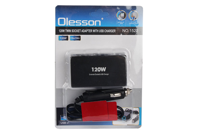 Разветвитель 2 гнезда 1 USB, черный Olesson 1522 с подсветкой R4153