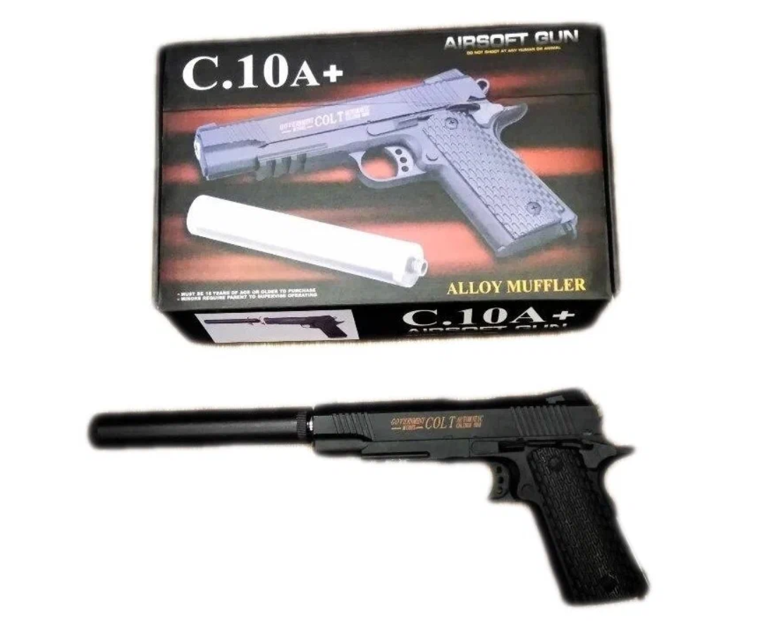 Детский механический пневматический пистолет Colt Classic с глушителем C.10A+. COLT 1911 года.