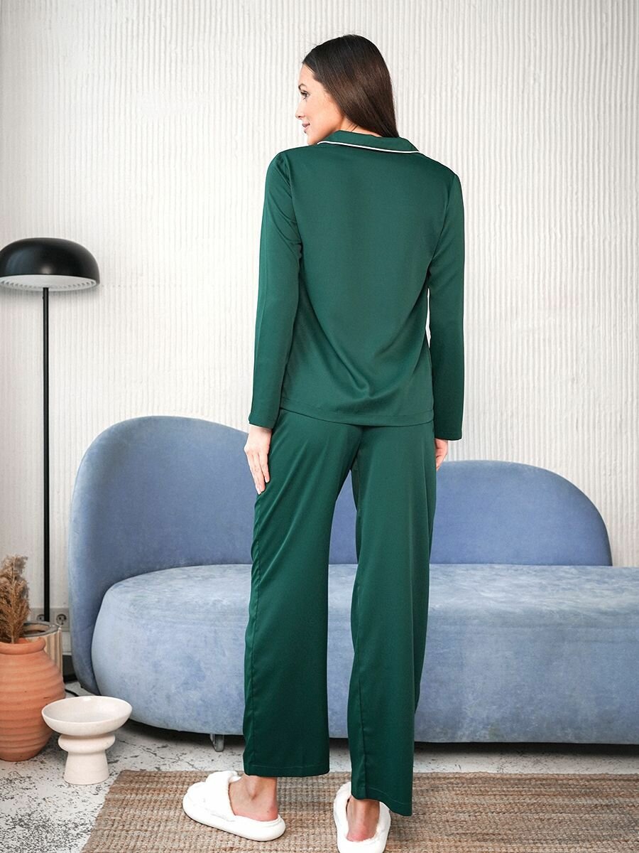 Пижама , рубашка, брюки, длинный рукав, пояс на резинке, размер L, зеленый - фотография № 4