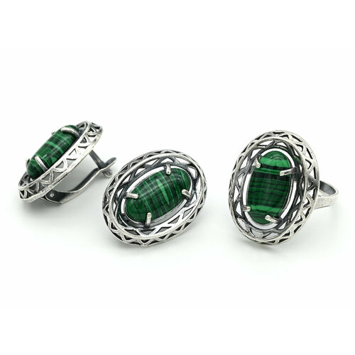 фото Комплект бижутерии: серьги, кольцо, малахит синтетический, размер кольца 19, зеленый кольцо серьги малахит имитация размер 19