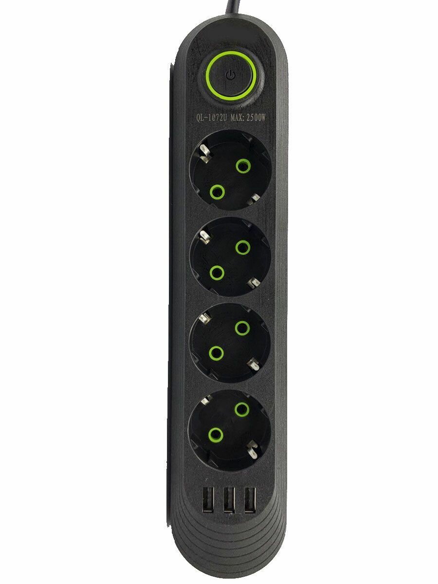 Сетевой фильтр 5 метров с 4 розетками 3 USB 2500 Вт (удлинитель, адаптер для зарядки, пилот, тройник), с предохранителем и заземлением — фото 1