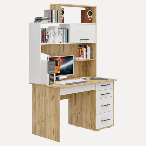 Изображение товара Стол компьютерный прямой с надстройкой СК-56, Дуб крафт золотой/Белый