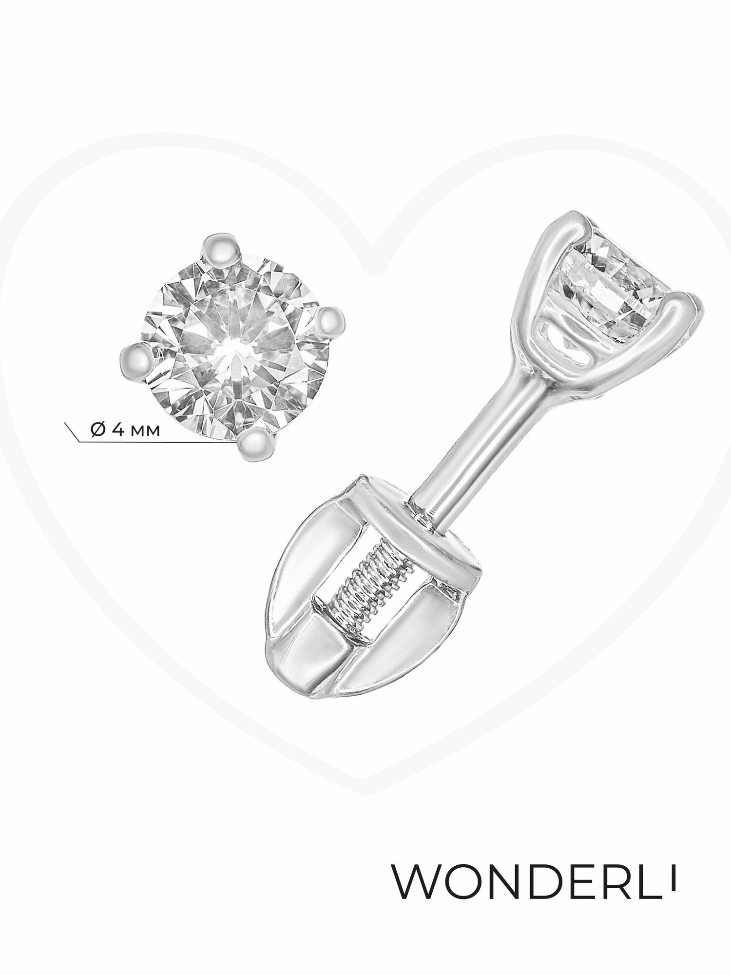 Серьги пусеты WONDERLI, серебро, 925 проба, родирование, фианит