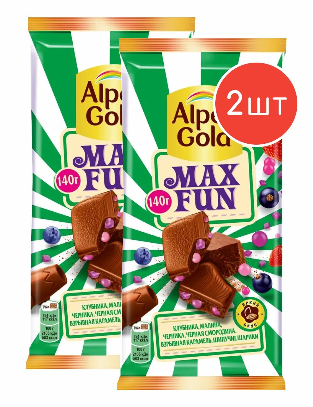 Молочный шоколад Alpen Gold MAX FUN c фруктово-ягодными кусочками, взрывной карамелью и шипучими шариками, 140 г х 2 шт.