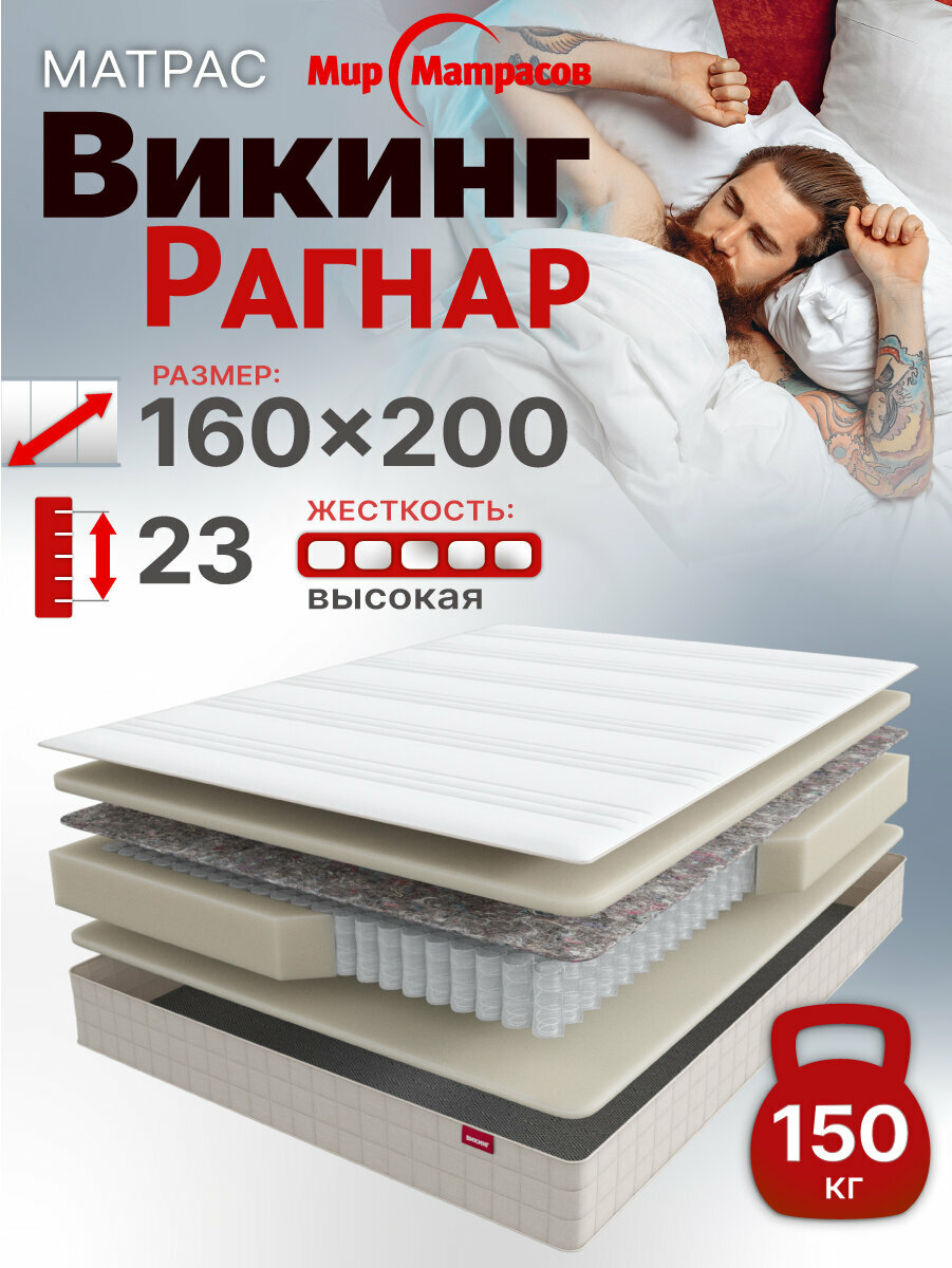 Матрас 160x200 ортопедический матрас Викинг Рагнар / Viking Ragnar, Независимые пружины