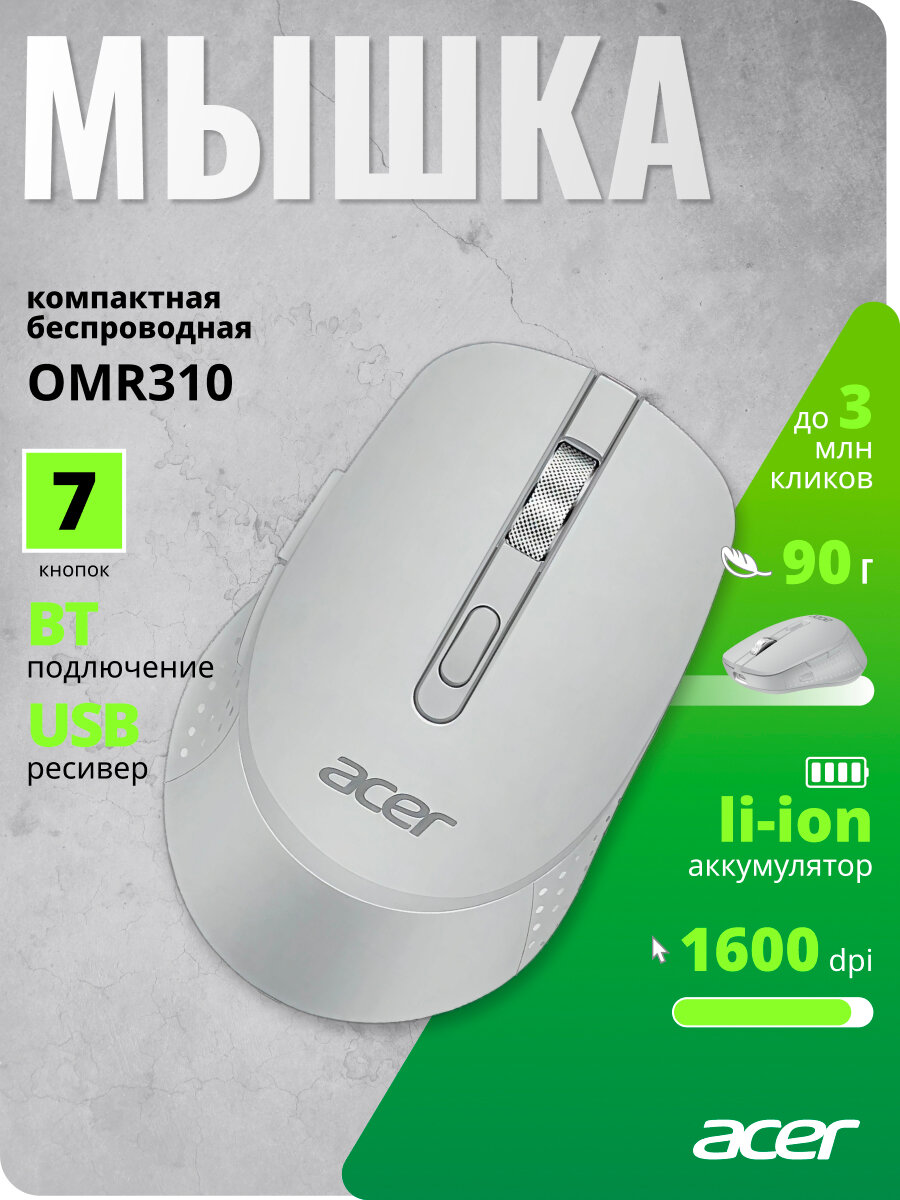 Мышь Acer OMR310 светло-серый оптич. 1600dpi беспров. BT/Radio USB 7but (ZL. MCECC.033)