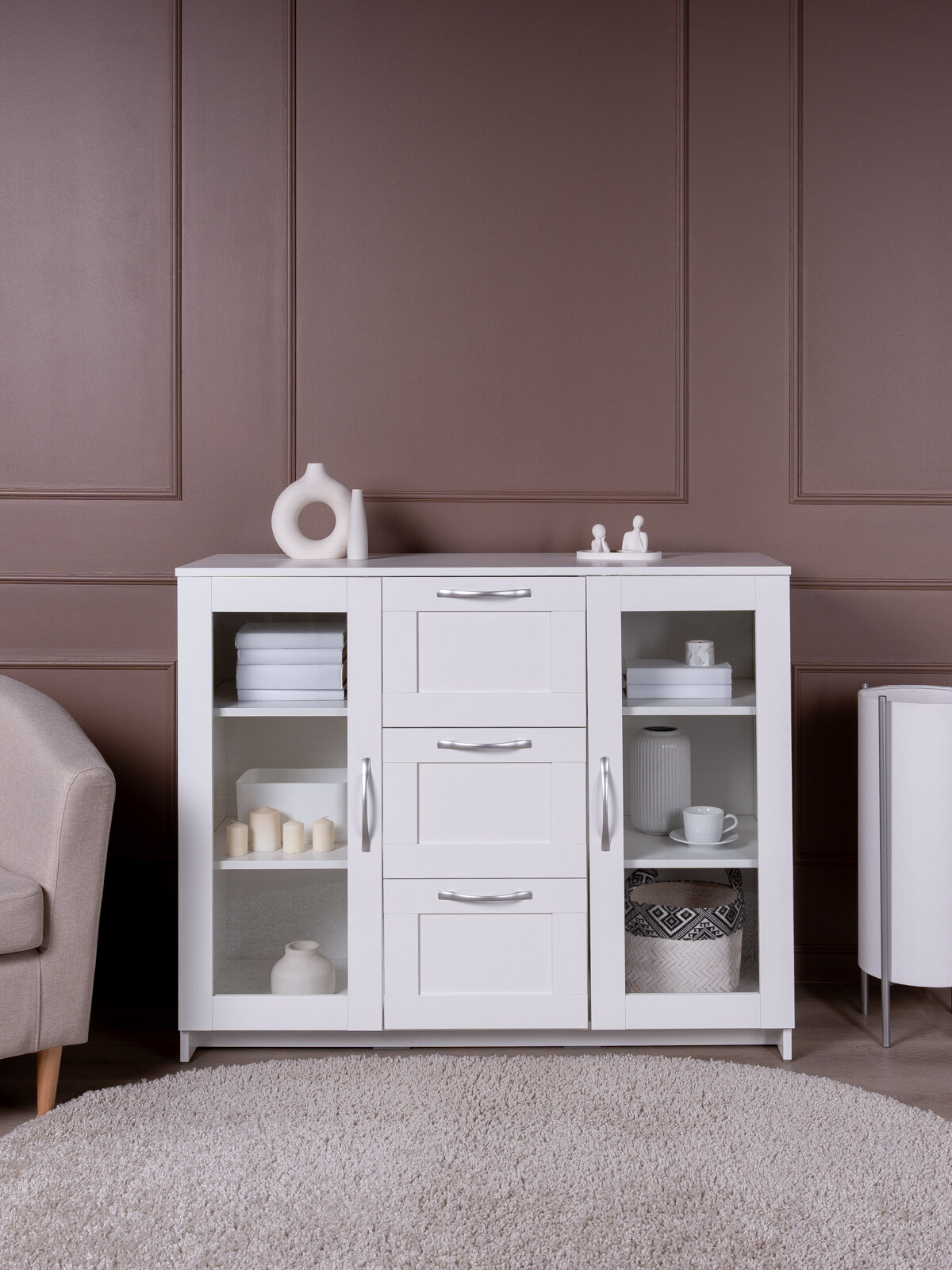 Тумба ГУД лакк Сириус, 2 двери со стеклом и 3 ящика, 117х41х95 см, белая