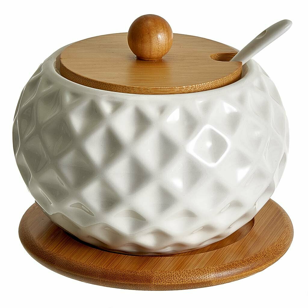 Сахарница с ложкой и крышкой 450 мл на бамбуковой подставке Alpenkok AK5-0012