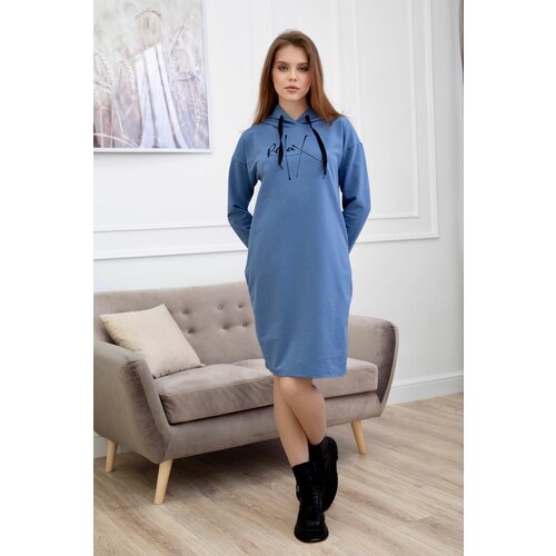 фото Платье-толстовка lika dress, в спортивном стиле, свободный силуэт, до колена, капюшон, размер 44, синий