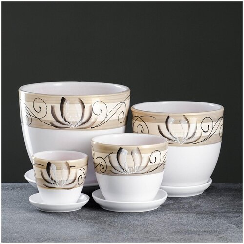 Горшок Художественная керамика с поддоном напольный набор Лотос, 5л, 23x21 см, белый