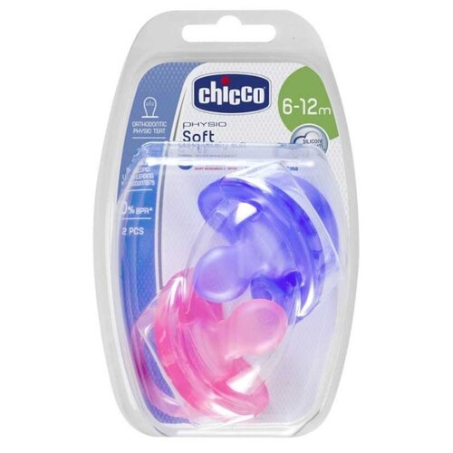 фото Пустышка силиконовая ортодонтическая chicco physio soft 6-12 м (2 шт) розовый/фиолетовый