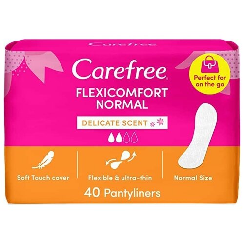 Ежедневные супертонкие прокладки Carefree FLEXICOMFORT NORMAL DELICATE SCENT, женские гигиенические дышащие, с ароматом свежести, 40 шт/упаковка