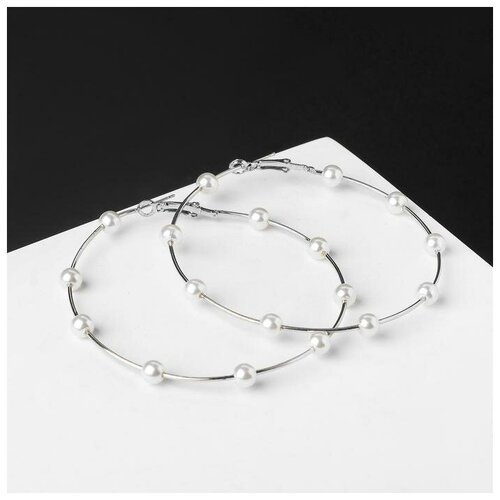 Серьги Серьги-кольца Бусинки, шар 6, d-7 см цвет белый в серебре 1 пара, белый
