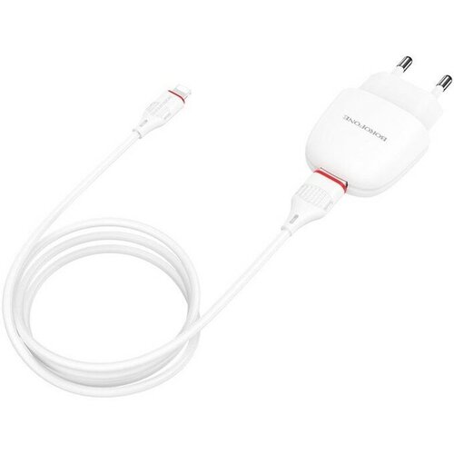 сзу micro usb 2 1a ba49a borofone eu белый Сетевое зарядное устройство Borofone BA49A, USB, 2.1 А, кабель Lightning, 1 м, белое