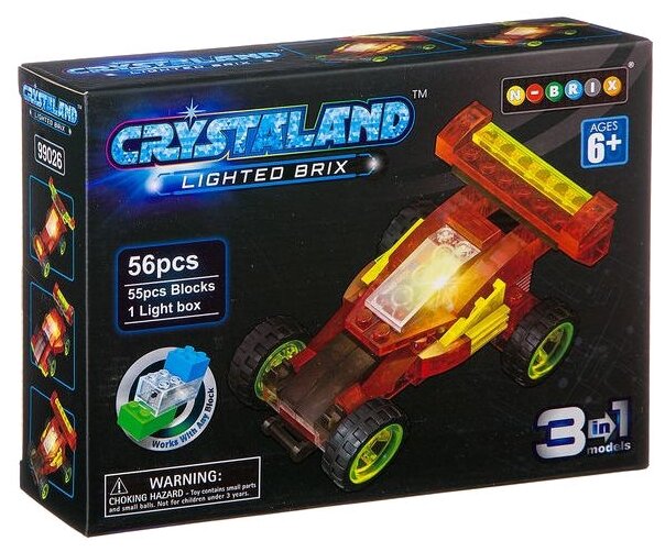 Конструктор пластмас. 56 дет., светящ. c 1-им LED элементом, CRYSTALAND, автомобиль, 3в1 модели