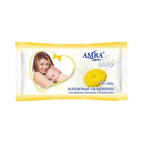 влажные салфетки amra для детской гигиены 48 шт Влажные салфетки Amra Baby с экстрактом ромашки и пантенолом, 48 шт.