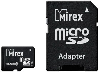 Карта памяти Mirex microSDHC Class 10 UHS-I U1 + SD adapter 16 GB, чтение: 104 MB/s, запись: 45 MB/s, адаптер на SD