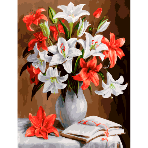 фото Картина по номерам белоснежка "лилии" / раскраска / холст на подрамнике 30х40 см. / цветы / букет в вазе / натюрморт