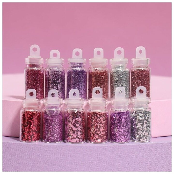 Блёстки для декора «Розовое настроение», крупные/мелкие, набор 12 бутылочек, разноцветные