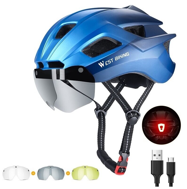 Велошлем West Biking с 3 визорами в комплекте и задним фонарём. Цвет синий