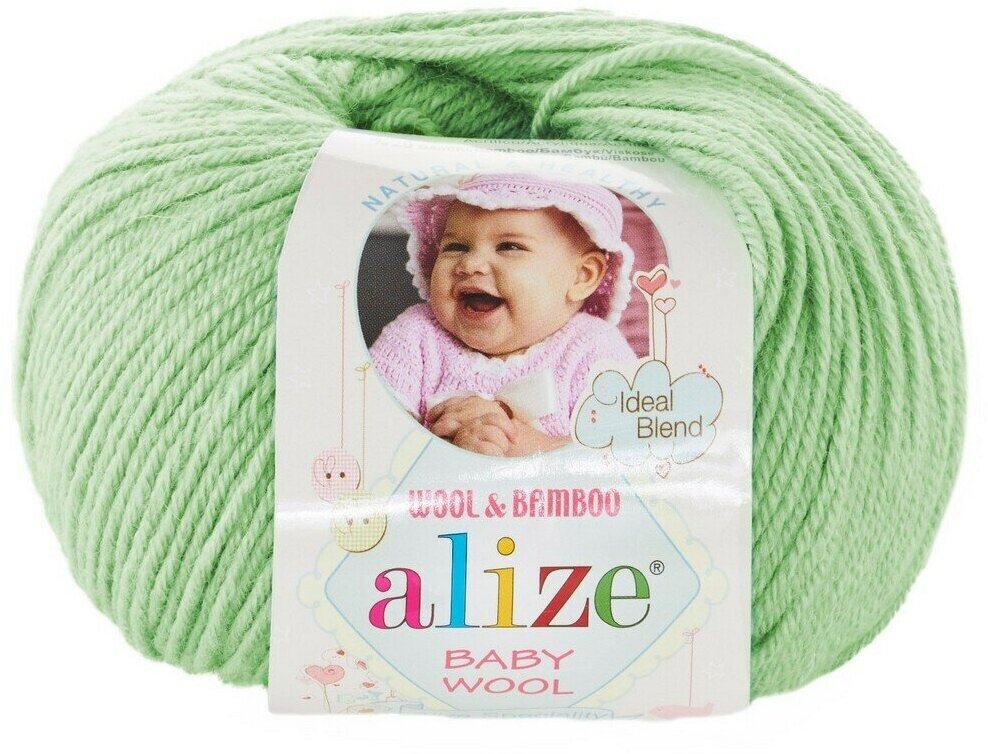 Пряжа Alize baby wool - 1 шт, 188 светлый салат, 175 м/50г, 40% шерсть, 20% бамбук, 40% акрил /Ализе беби вул/