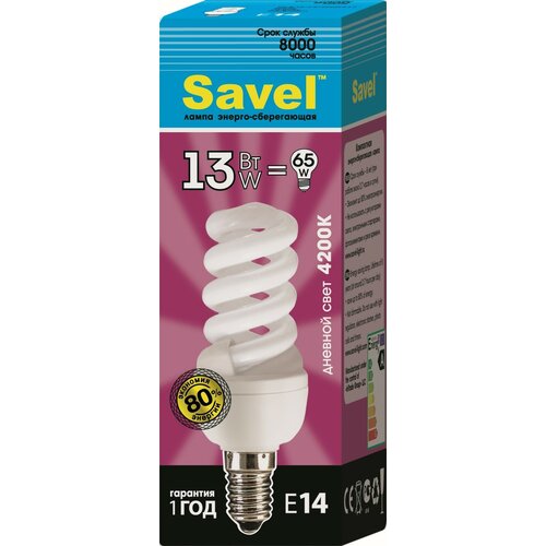 Лампочка SavelFS/8-T3-13/4200/E14, Дневной белый свет, 13 Вт, E14, Люминесцентная (энергосберегающая), 1 шт.