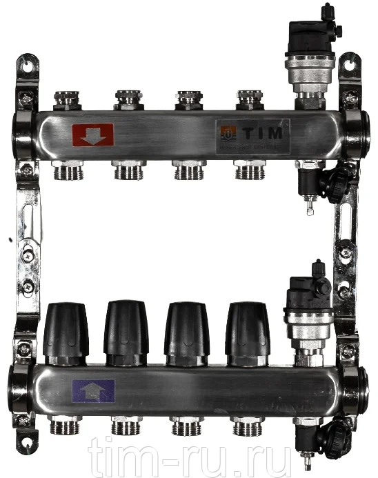 Коллекторная группа без расходомеров и кранов 1", 4 хода , нерж, (квадрат) TIM KBS5004