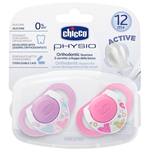 фото Пустышка силиконовая ортодонтическая chicco physio 12+ (2 шт) фиолетовый/розовый