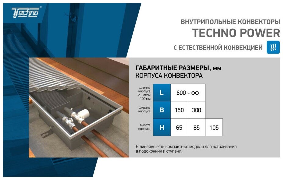 Водяной конвектор Techno Power KVZ 300 - 65 - 2200 мм (внутрипольный / встраиваемый) с естественной конвекцией - фотография № 3