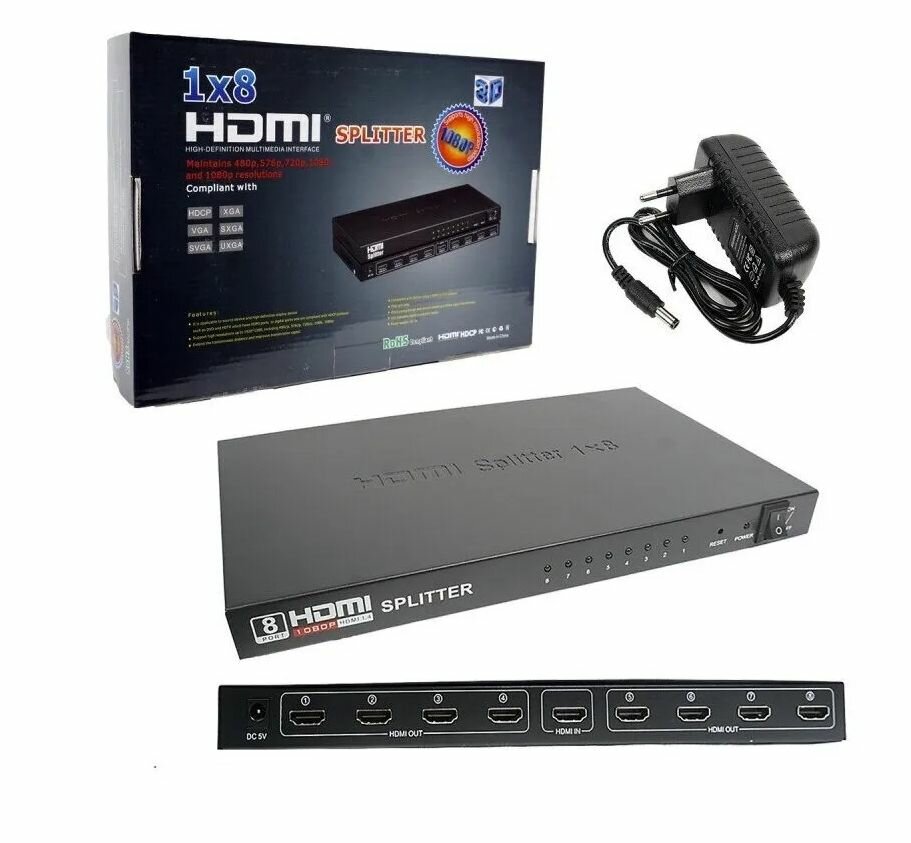 Адаптер - разветвитель 4Kх2К HDMI Splitter 1x8 разветвитель, черный