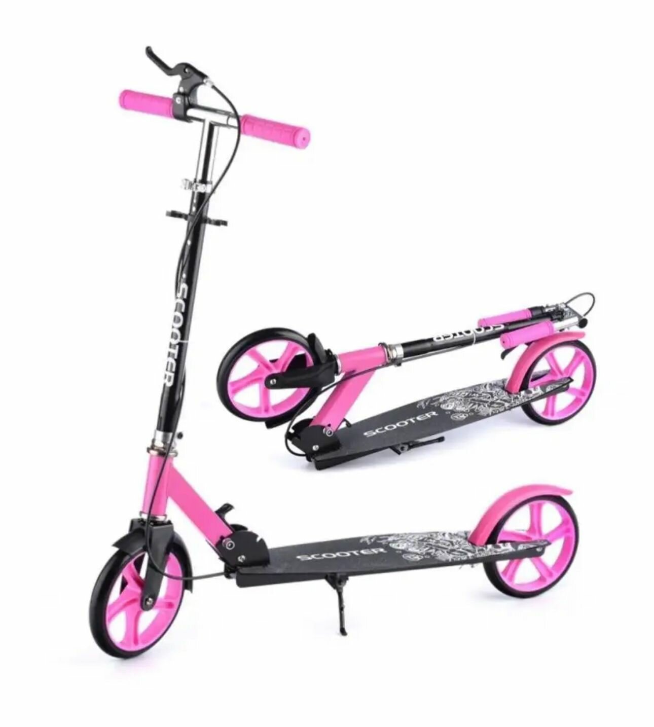 Двухколесный самокат Scooter с ручным тормозом, колеса 200мм, складной, от 7 лет, розовый — фото 1