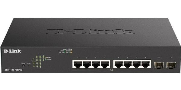 D-Link DGS-1100-10MPV2/A3A Настраиваемый L2 коммутатор с 8 портами 10/100/1000Base-T и 2 портами 1000Base-X SFP (8 портов PoE 802.3af/at, PoE-бюджет 1