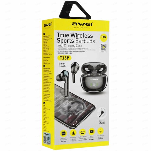 Беспроводные Bluetooth-наушники TWS с зарядным кейсом Awei T15P с защитой от влаги IPX4 Черный 1999₽